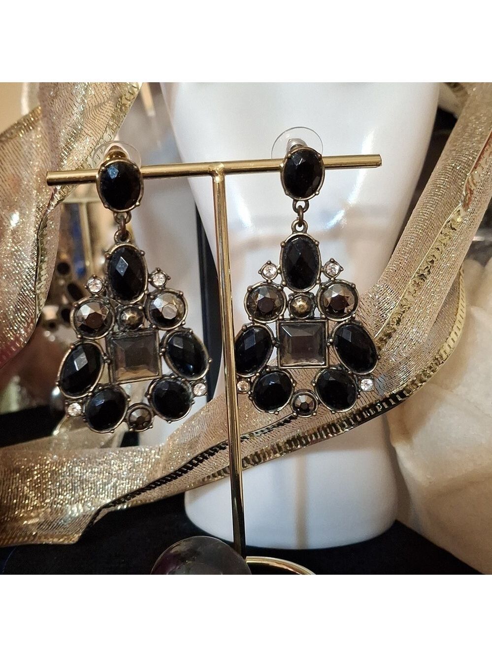 Gunmetal Gray, black and silver statement earrings postback
